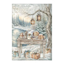 A vintage-style winter landscape illustration featuring a snowy riverside scene with a table set with bread, cakes, and gifts, hanging lanterns, a tree trunk, and cursive text at the top.