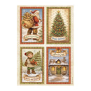 Four Christmas greeting cards arranged in a 2x2 grid on a light beige background. The cards feature vintage holiday illustrations: Santa Claus with a sack of toys, a decorated Christmas tree, a child holding berries in the snow, and a snowy cottage with warm glowing windows.