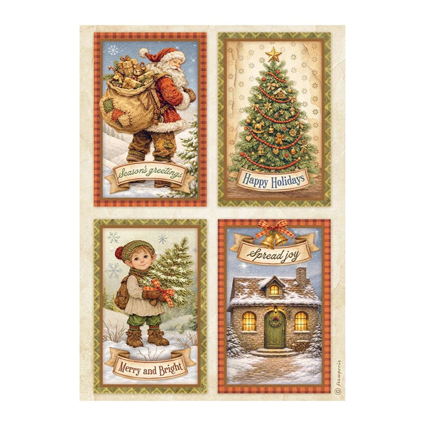 Four Christmas greeting cards arranged in a 2x2 grid on a light beige background. The cards feature vintage holiday illustrations: Santa Claus with a sack of toys, a decorated Christmas tree, a child holding berries in the snow, and a snowy cottage with warm glowing windows.