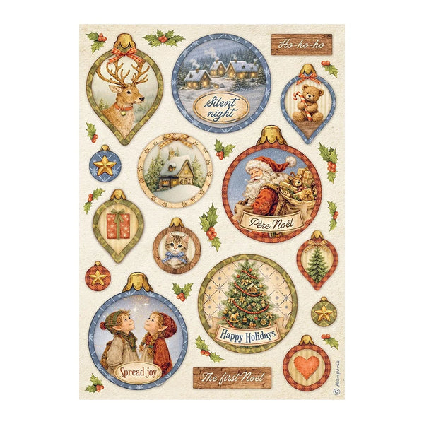 A sheet of vintage-style Christmas ornaments sticker or decal set on a cream background, featuring illustrated holiday scenes and ornaments including a deer, Santa Claus, a Christmas tree, children, bears, stars, and text such as 'Silent Night,' 'Pete Noel,' and 'Spread joy.'.
