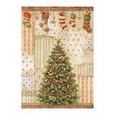 A vintage-style Christmas collage print featuring a decorated evergreen tree, hanging stockings, stars, and patchwork-patterned panels in soft beige, green, red, and brown tones.