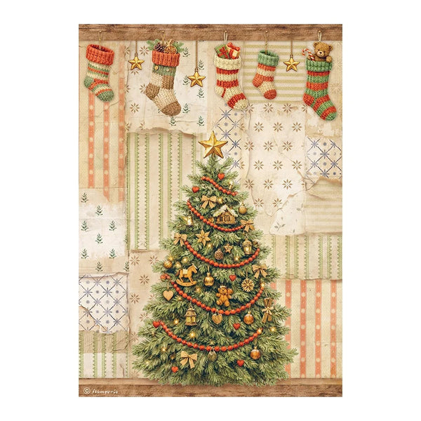 A vintage-style Christmas collage print featuring a decorated evergreen tree, hanging stockings, stars, and patchwork-patterned panels in soft beige, green, red, and brown tones.