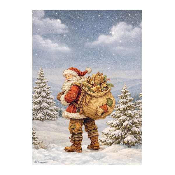 A festive winter illustration of Santa Claus walking through snow with a large sack filled with wrapped presents, surrounded by snow-covered evergreen trees under a starry sky.