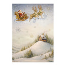 A festive winter landscape print showing Santa Claus in a sleigh pulled by two reindeer flying above a snow-covered hill with a small cabin and evergreen trees. The scene is decorated with snowflakes and has a soft pastel color palette.