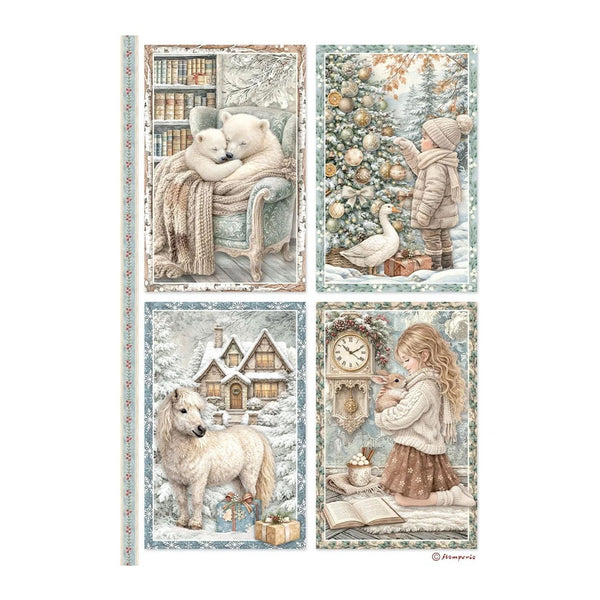A set of four vintage-style Christmas illustrations printed on narrow vertical cards or panels, arranged in a 2x2 grid on a white background. The scenes show a bear and cub in an armchair, a child decorating a Christmas tree with a goose, a snowy house with a wolf, and a girl reading with a clock and rabbit.