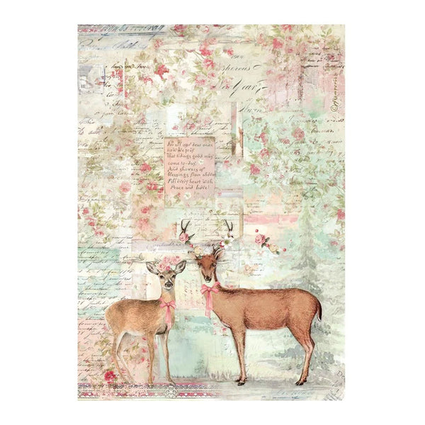 A square decorative art print or card featuring two deer standing in front of a soft, vintage-style floral and script background. The artwork uses muted pastel tones with pink, green, beige, and blue, and includes cursive writing and floral motifs throughout.