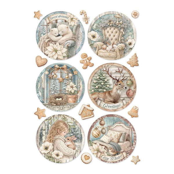 A set of six round decorative wall plaques with vintage winter illustrations, surrounded by small gingerbread-themed ornaments, on a plain white background.