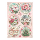 A sheet of decorative stickers featuring six circular winter-themed floral and village illustrations on a pale pink background with lace corner details.