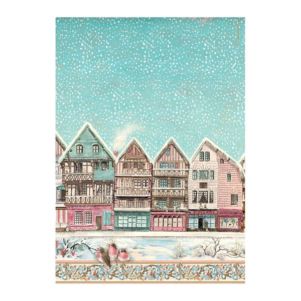 A vertical art print depicting a whimsical winter street scene with colorful half-timbered houses under a snowy teal sky, with birds and floral details along the bottom border.