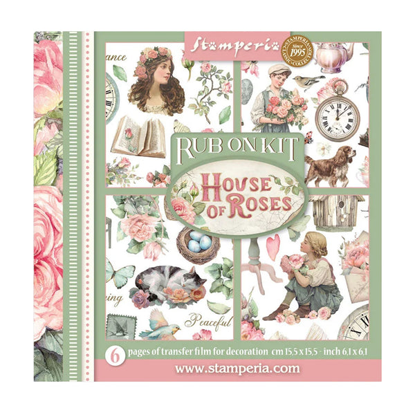 Stamperia House of Roses rub on kit packaging with floral and vintage design elements.