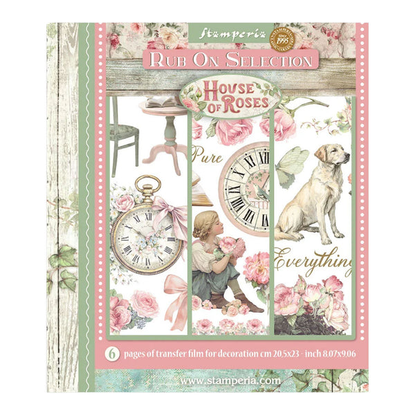 Stamperia House of Roses rub-on transfer sheet with vintage design elements on a white background