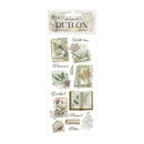 Decorative rub-on transfers with nature-themed designs and text on a white background
