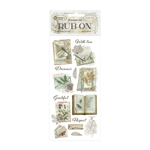 Decorative rub-on transfers with nature-themed designs and text on a white background