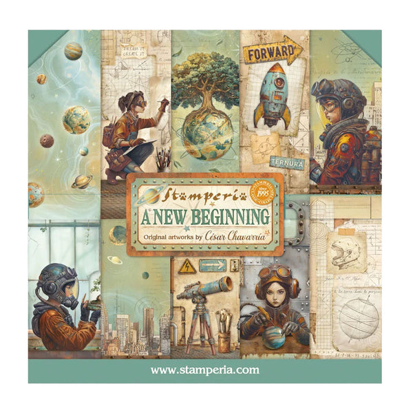 Stamperia 'A New Beginning' art book cover with illustrations of futuristic scenes and characters.