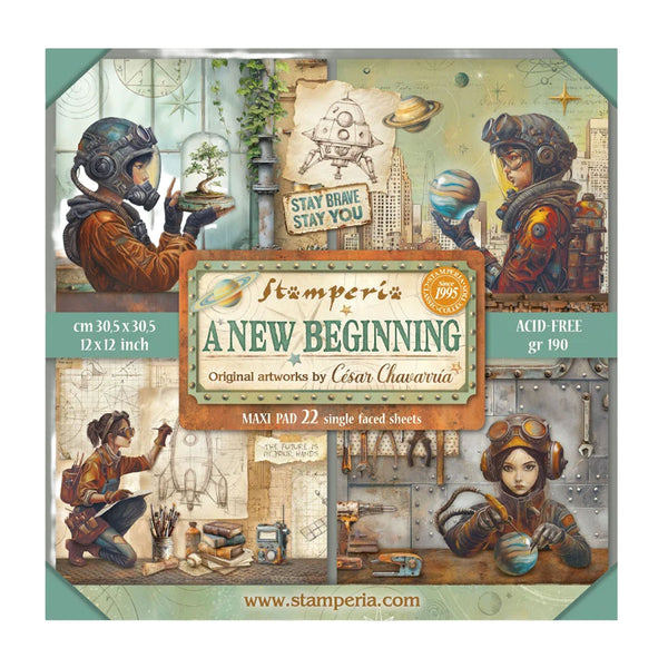 Stamperia art pad titled 'A New Beginning' with sci-fi theme and artwork by César Chavarria.
