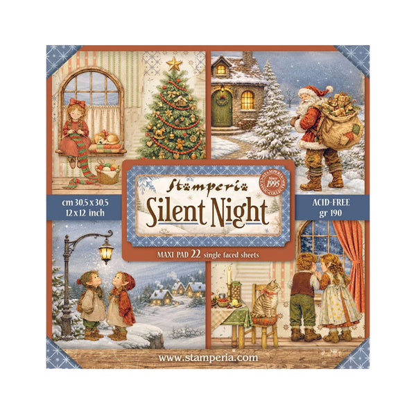 Stamper's Silent Night 1995 maxi pad cardstock sheets, featuring a 22-angle faceted sheet design with vintage Christmas illustrations including a decorated tree, snowy cottage, Santa Claus, children, and holiday figures. The packaging shows a central title label with dimensions and acid-free/gram details.