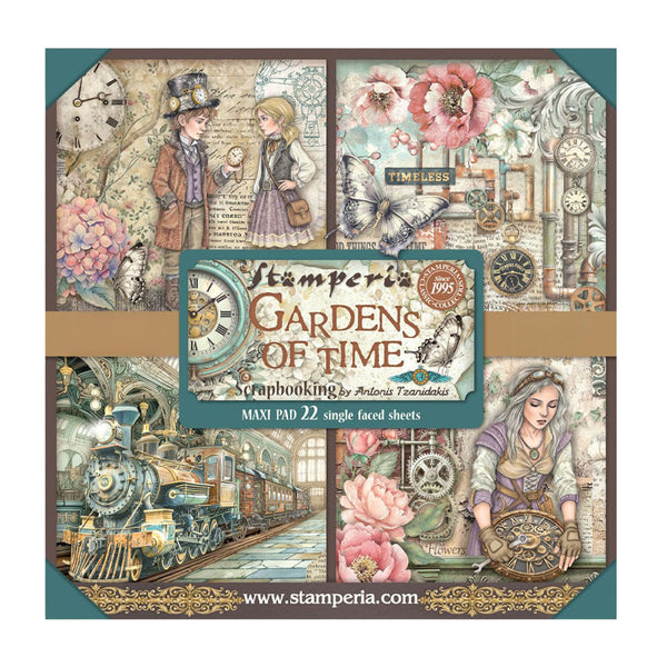 Stamperia 'Gardens of Time' paper pad packaging with vintage-themed illustrations.