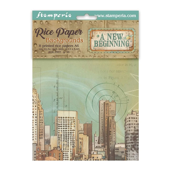 Packaging of Stamperia rice paper backgrounds with cityscape design and 'A New Beginning' text.