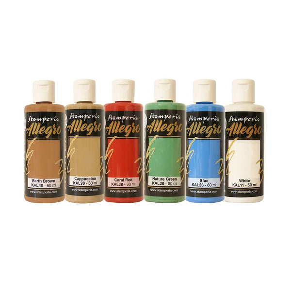 Six bottles of Jismerperia Allegria acrylic paint in earthy and bright colors, arranged in a row against a plain white background.