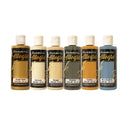 Six bottles of Jamie Perrie Allegro acrylic paint in a row, showing the different paint colors: Super Gold, Gel Ivory, Neugot, Shading, Cookie, and Blue Aviation.