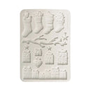 A rectangular silicone mold with Christmas-themed embossed designs, including stockings, a branch, stars, and wrapped gifts, shown on a plain white background.