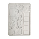 A white silicone mold with multiple embossed craft and decorative shapes, including a camera, flowers, boots, a knife, a bus, a camera, and rectangular panels, shown on a plain white background.