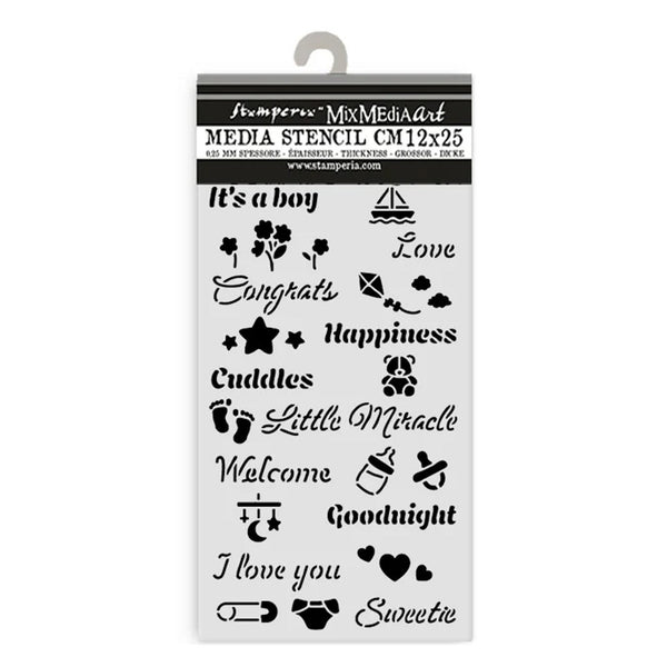 Stamper's Media Stencil with various designs and text on a white background