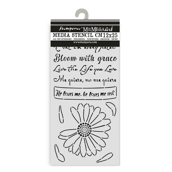 Stamperia Media Stencil with floral design and text on a white background