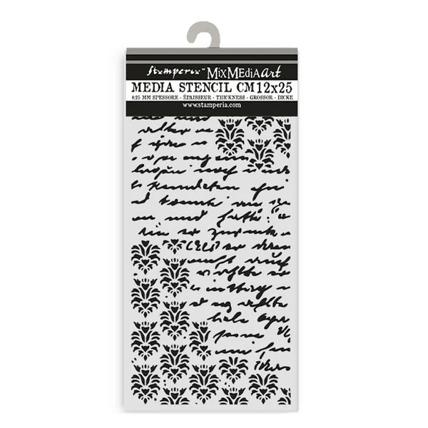 Stamperia Media Stencil with black patterns and text on a white background