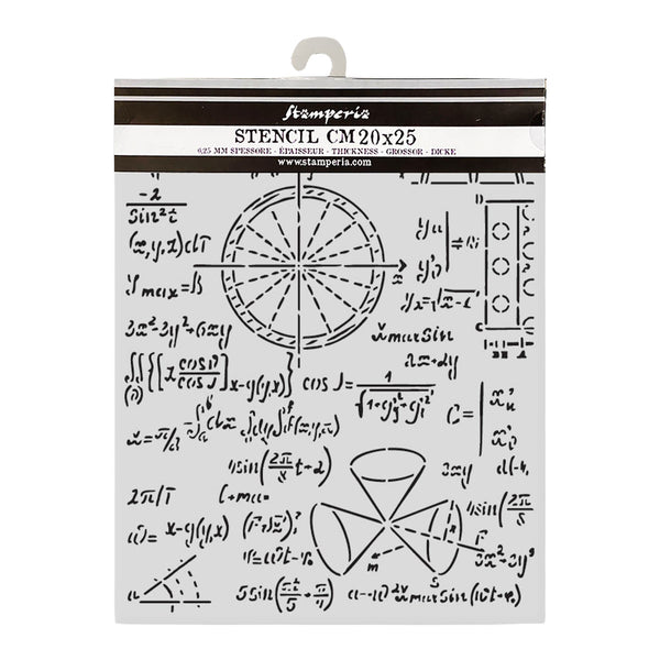 Mathematical stencil with equations and geometric shapes on a white background