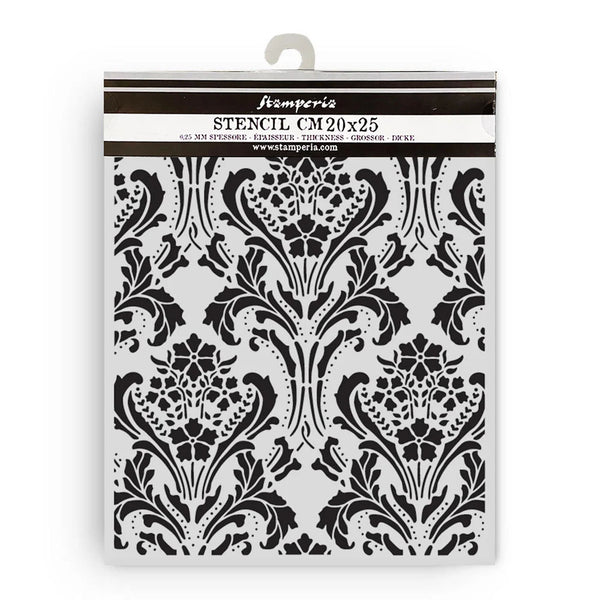 Decorative stencil with black floral pattern on a white background, featuring Stampperia branding.