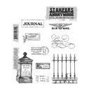 A sheet of black and white stamp designs and stamps from Stampers Anonymous Classics, featuring stamps and inked examples of journal entries, an air mail stamp, a post office letter box stamp, and decorative script.