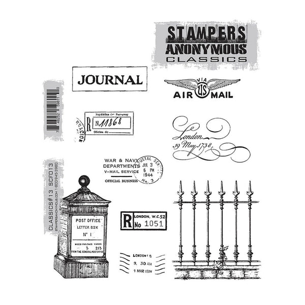 A sheet of black and white stamp designs and stamps from Stampers Anonymous Classics, featuring stamps and inked examples of journal entries, an air mail stamp, a post office letter box stamp, and decorative script.