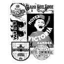 A black and white graphic collage featuring vintage-style hotel logos and posters, including Grand Hotel Savoie, Hotel Bristol Barcelona, Hotel Roma, Hotel Victoria Alsdorff, Hotel Semoritz New York, and Hotel Continental.
