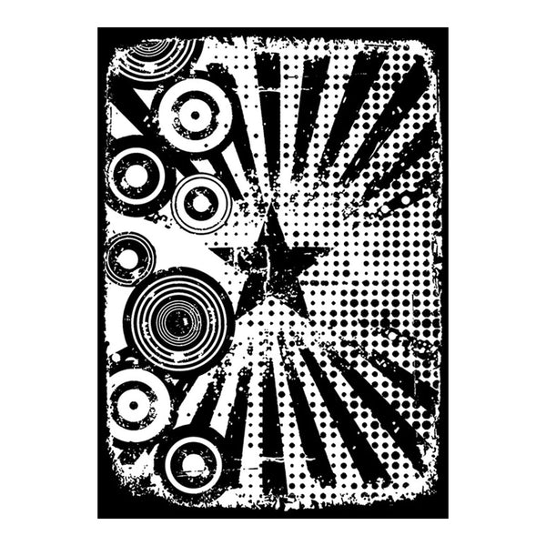 A black and white abstract graphic print featuring a central star, halftone dots, and circular target-like patterns with radiating stripes, shown on a white background.