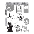 Stampers Anonymous 'Halftime Halloween' clear stamp sheet featuring various black and gray Halloween-themed designs including a skull, cat stack, bats, moon, and 'trick or treat' text, shown on a white background.