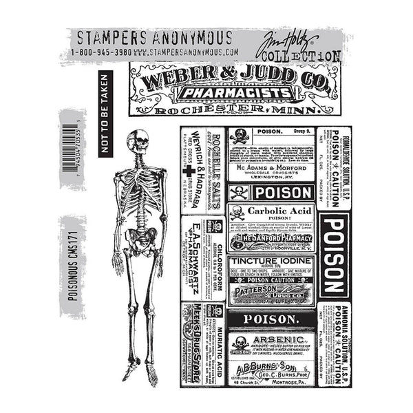 A sheet of clear stamps from Stampers Anonymous's Weber & Judd Co. Collection, featuring a black and white skeleton illustration and multiple vintage-style poison and medical label designs.