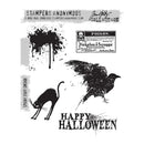 Stampers Anonymous Tim Holtz Collection 'Spooky Stuff' CMS68 Halloween stamp set, featuring black ink designs of a cat, a raven, a dripping paint splatter, a Poison advertisement, and 'Happy Halloween' text on a white background.