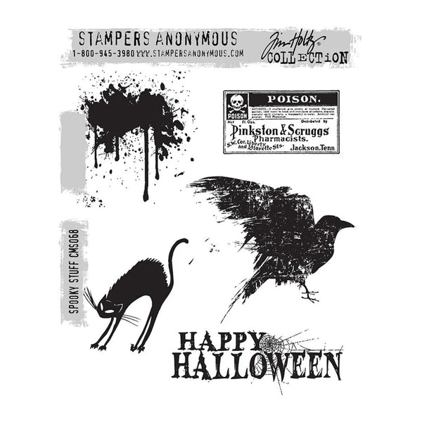 Stampers Anonymous Tim Holtz Collection 'Spooky Stuff' CMS68 Halloween stamp set, featuring black ink designs of a cat, a raven, a dripping paint splatter, a Poison advertisement, and 'Happy Halloween' text on a white background.