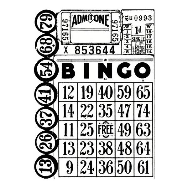 Black bingo card and tracking sheet design on a white background, featuring a 5x5 bingo grid, numbered circles, and a header with 'ADMIT ONE' and 'BINGO'.