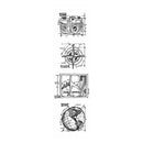 A vertical stack of four black-and-white technical-style illustrations on a white background: a camera drawing with dimensions, a compass rose, a postcard with 'AIR MAIL' text, and a globe drawing with labels.