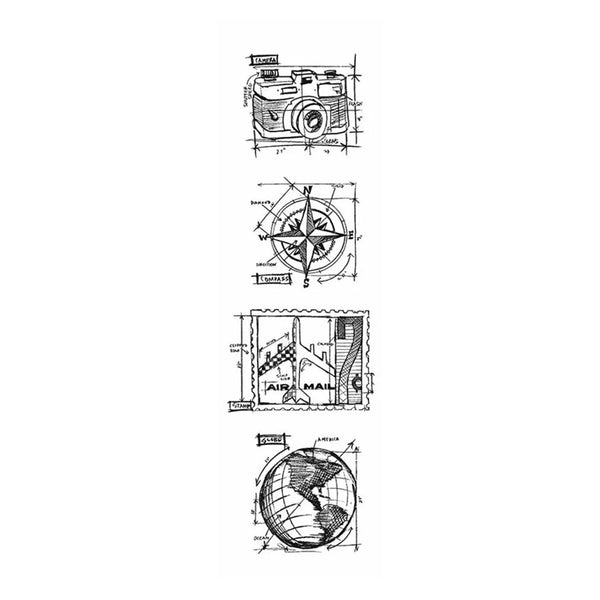 A vertical stack of four black-and-white technical-style illustrations on a white background: a camera drawing with dimensions, a compass rose, a postcard with 'AIR MAIL' text, and a globe drawing with labels.