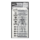 A tall sheet of clear stamping/stenciling plates from Tim Holtz's Collection of Stamps, featuring Halloween-themed designs including a full skeleton, skulls, crossbones, and decorative text elements.