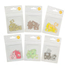 Six packages of camera mounting accessories arranged in two rows on a white background. The packages contain small metal and plastic camera hardware in assorted colors including gold, rose gold, yellow, pink, green, and silver.