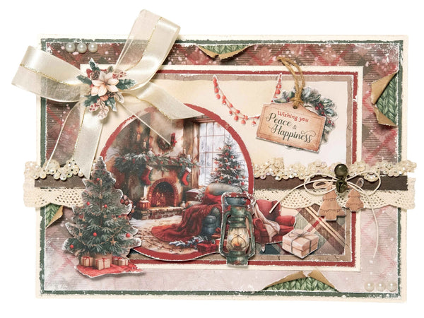 Decorative Christmas card with a fireplace, tree, and gift-wrapped presents.