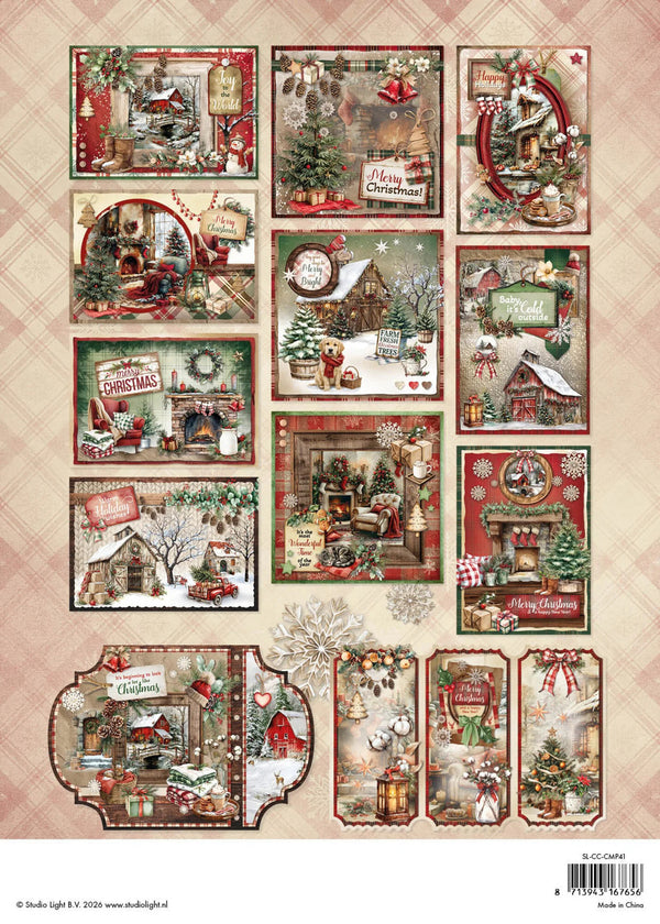 A sheet of Christmas-themed decorative stickers or decal designs arranged on a beige plaid background. The designs include cozy holiday scenes, ornaments, signs, snow-covered cottages, trees, and festive labels in red, green, beige, and brown tones.