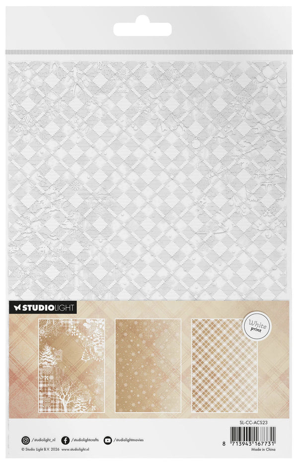Studio Light White Paper sheet in a clear plastic hanging package, showing a subtle diamond pattern on the top sheet and three sample patterned sheets along the bottom.