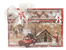 Christmas card with a red truck, snowman, and festive text on a snowy scene.