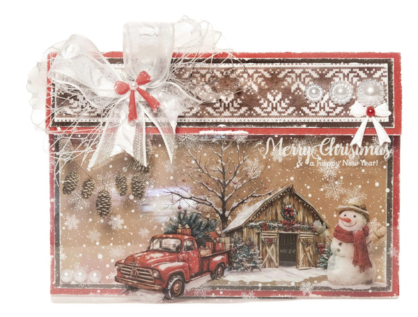 Christmas card with a red truck, snowman, and festive text on a snowy scene.
