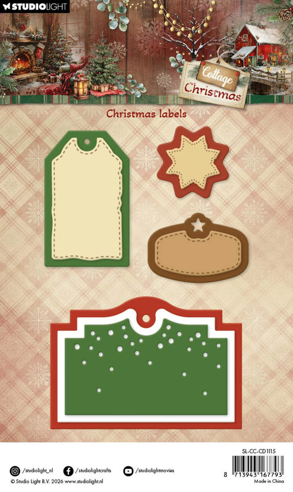Set of Christmas-themed labels on a patterned background with Studio Light branding.